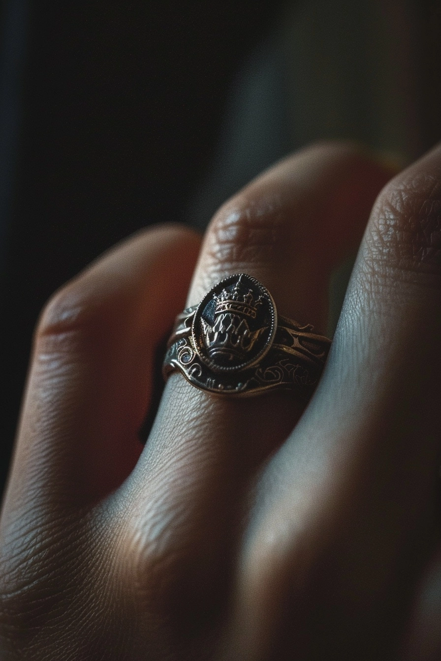 The Endures ending: the ring remains on Vael's hand, visibly transformed by the journey but still held, silver changed by what passed through it